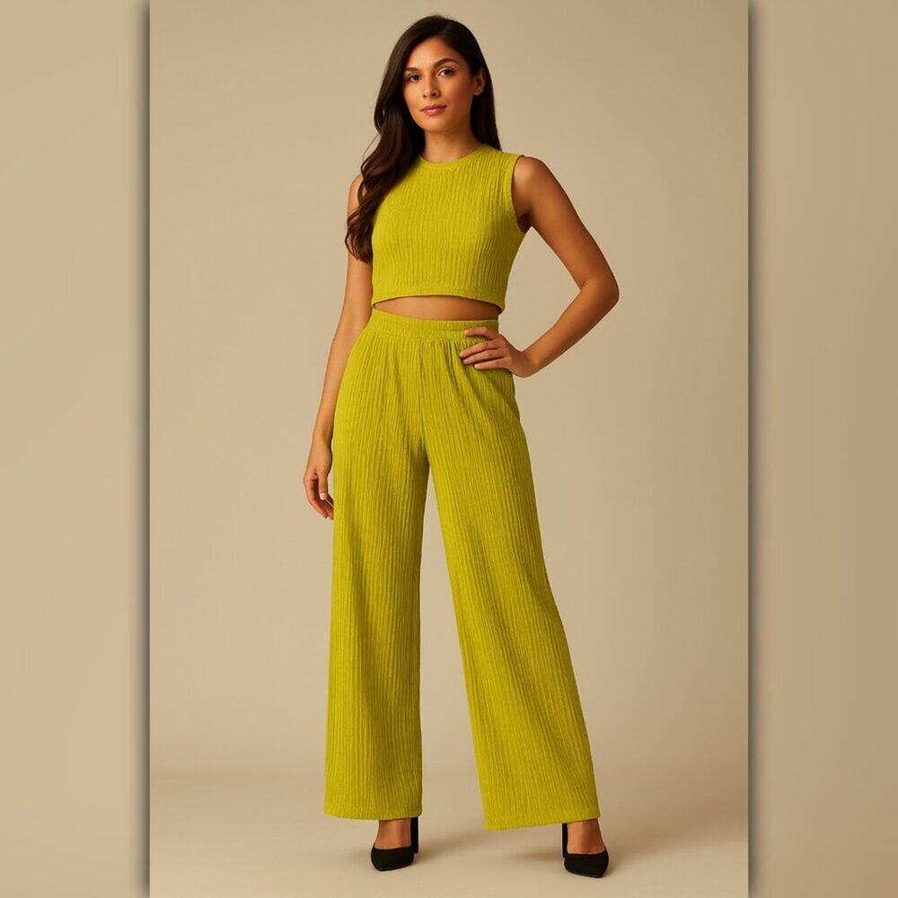 A333-B • Chartreuse Ribbed Cropped Tank & Wide-Leg Pant Set